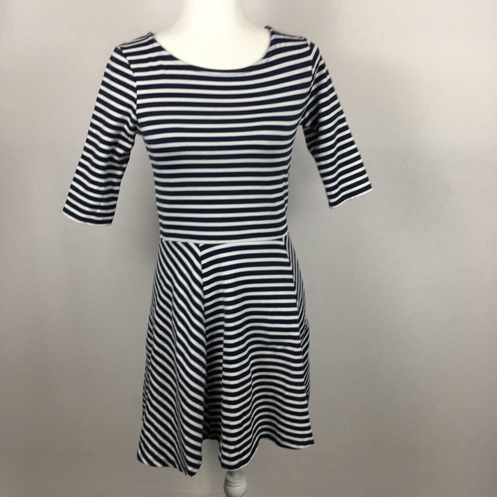 Jack Wills Dress Navy Blue White Striped Round Neck 1/2 Sleeve Stretch Size 6